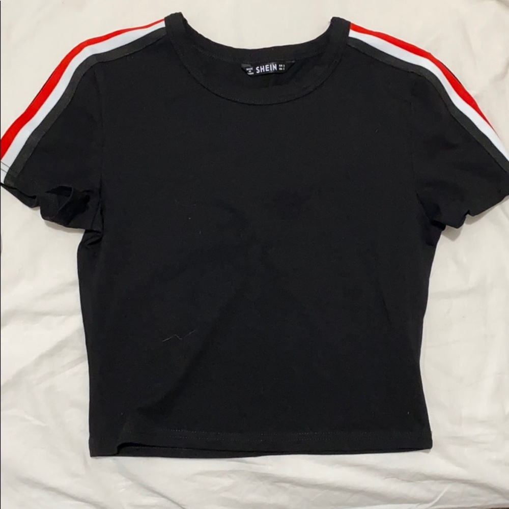 shein black shirt with red and white stripes